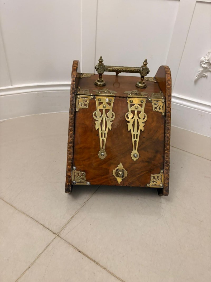 Antique Victorian Quality Brass-Mounted Walnut Coal / Log Scuttle